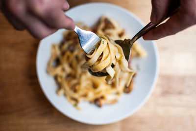 Close-up of person holding pasta in fork