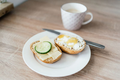 High angle view of breakfast served on table