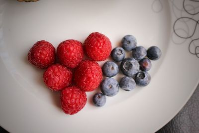 High angle view of strawberries in plate