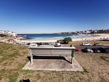 Scenic view of beach against clear blue sky