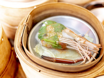 High angle view of food in container on table