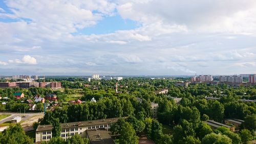 High angle shot of townscape against sky