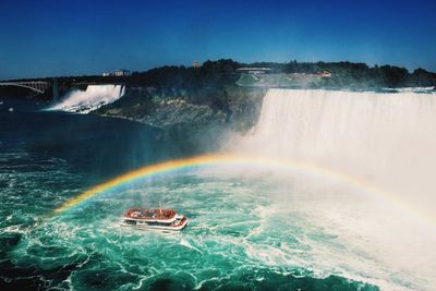 Scenic view of waterfall against rainbow in sky