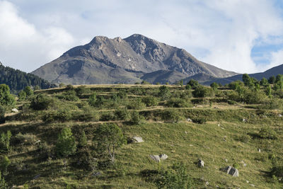 Scenic view of landscape and mountains against sky