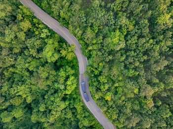 Aerial view hydrogen truck on forest highway. sustainable transportation. blue zero emission vehicle
