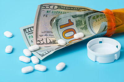 High angle view of pills on table