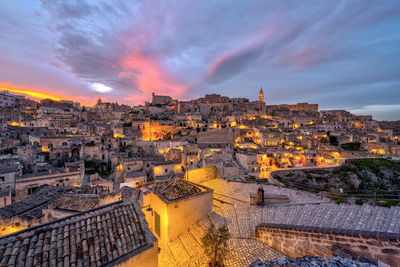 The historic old town of matera in southern italy after sunset