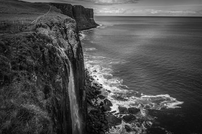 Black and white view of kilt rock and mealt falls in the isle of skye, scotland