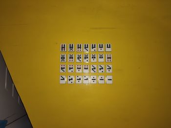 Close-up of yellow wall by building