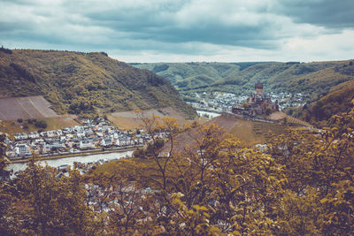 High angle view of trees and mountains with castle cochem, germany.