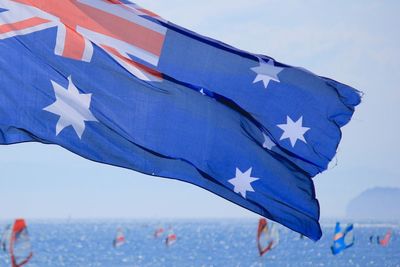 Close-up of maple leaf against blue sky