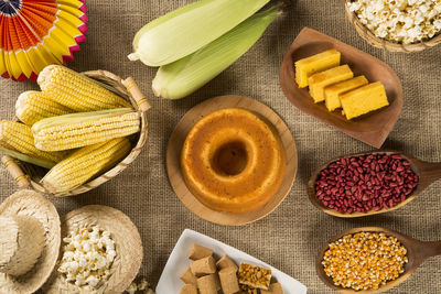 High angle view of breakfast on table