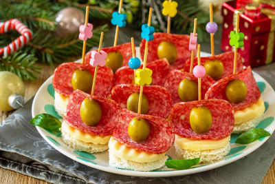 Close-up of cake served on table