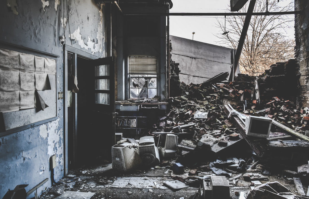 abandoned, obsolete, built structure, architecture, house, old, damaged, run-down, window, indoors, deterioration, building exterior, bad condition, wall - building feature, door, weathered, metal, plant, messy, day