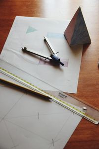 High angle view of books on table