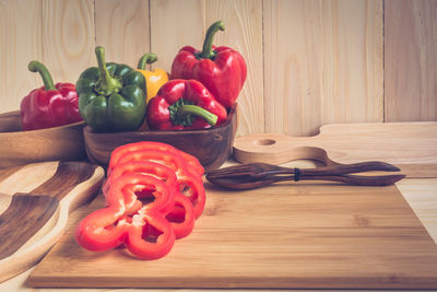 Red chili peppers on table