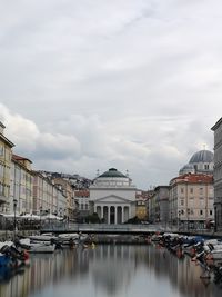 Boats moored in river against buildings in city