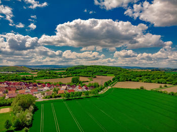 High angle view of agricultural field against sky