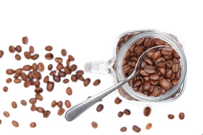 High angle view of breakfast on table against white background