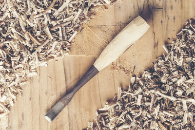 High angle view of dead plant on wooden floor