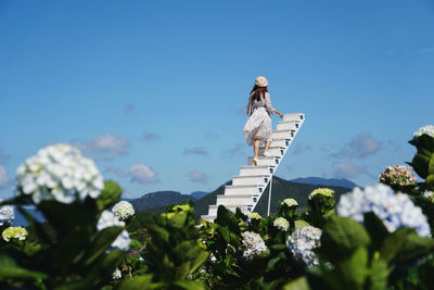 Low angle view of woman standing against clear blue sky