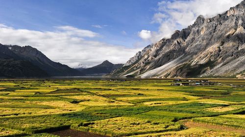 Scenic view of green field by mountains against sky