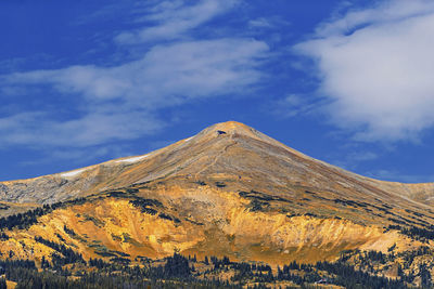 Low angle view of mountain against cloudy sky