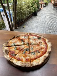 High angle view of pizza on table