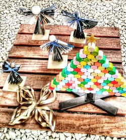 High angle view of christmas decorations on table