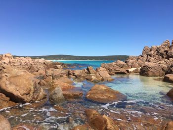 Scenic view of landscape against clear blue sky