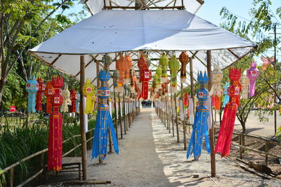 Lanterns hanging from roof of covered walkway