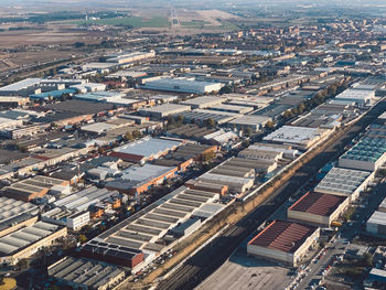 High angle view of buildings in city