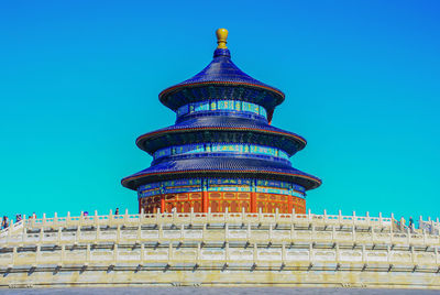 Low angle view of temple building against blue sky