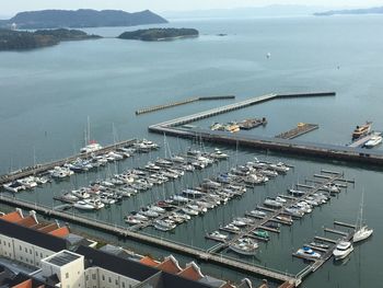 High angle view of boats moored in bay