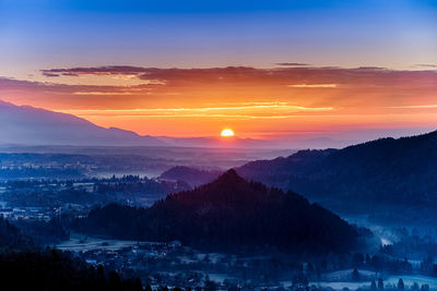 Scenic view of silhouette mountains against sky during sunset