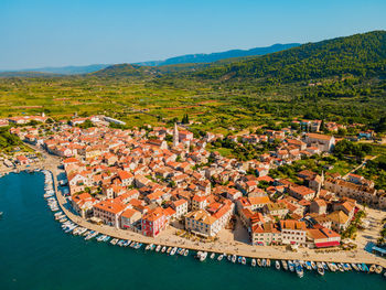 Aerial of stari grad old town in croatia in summer with historic buildings.