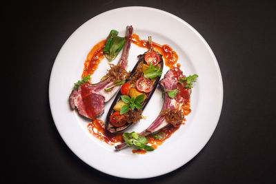 High angle view of food in plate on table