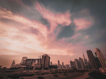 Panoramic view of buildings against sky during sunset