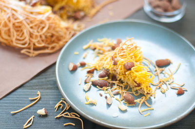 Close-up of breakfast served on table