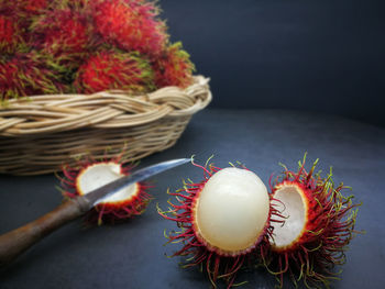 High angle view of fruits in basket on table