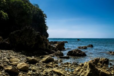 Scenic view of sea against blue sky