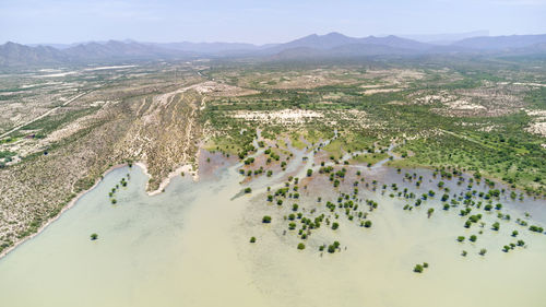 High angle view of land against sky