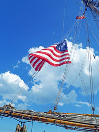Low angle view of american flags blowing in the wind against blue sky on a tall ship.
