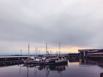 Sailboats moored at harbor against sky