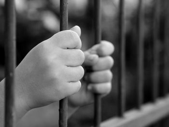 Close-up of hands holding metal gate