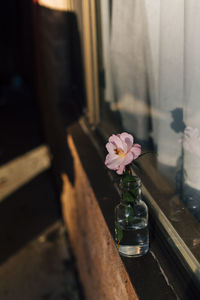 Close-up of pink flower vase on table by window