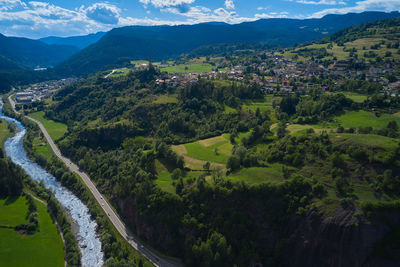 Aerial view of the town of cavalese with the avisio river in trentino