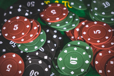 Full frame shot of colorful gambling chips in casino