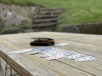 High angle view of piano on table