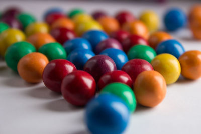 High angle view of multi colored balls on table